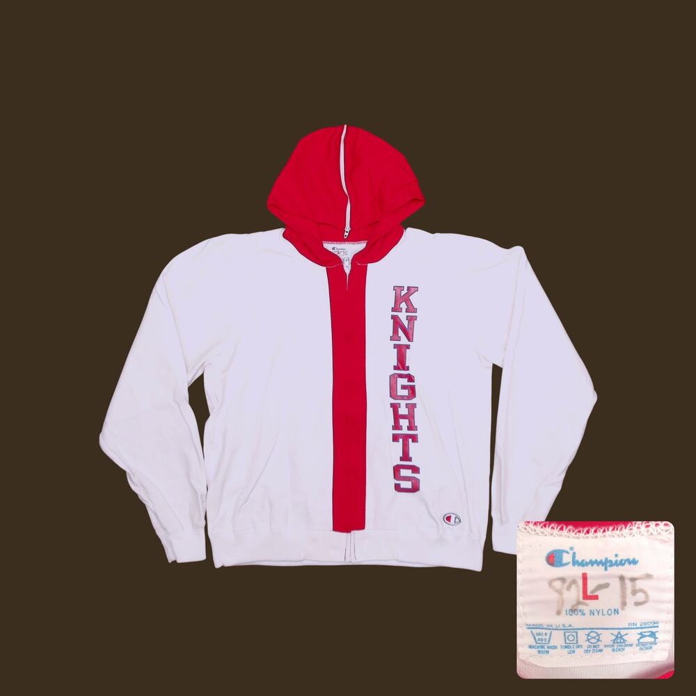 Vtg 80s Champion Split Hood Windbreaker Jacket Knights Red White Boxy L
